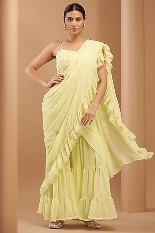 Lemon Yellow Georgette Draped Sharara Saree Set by House Of Jamoti