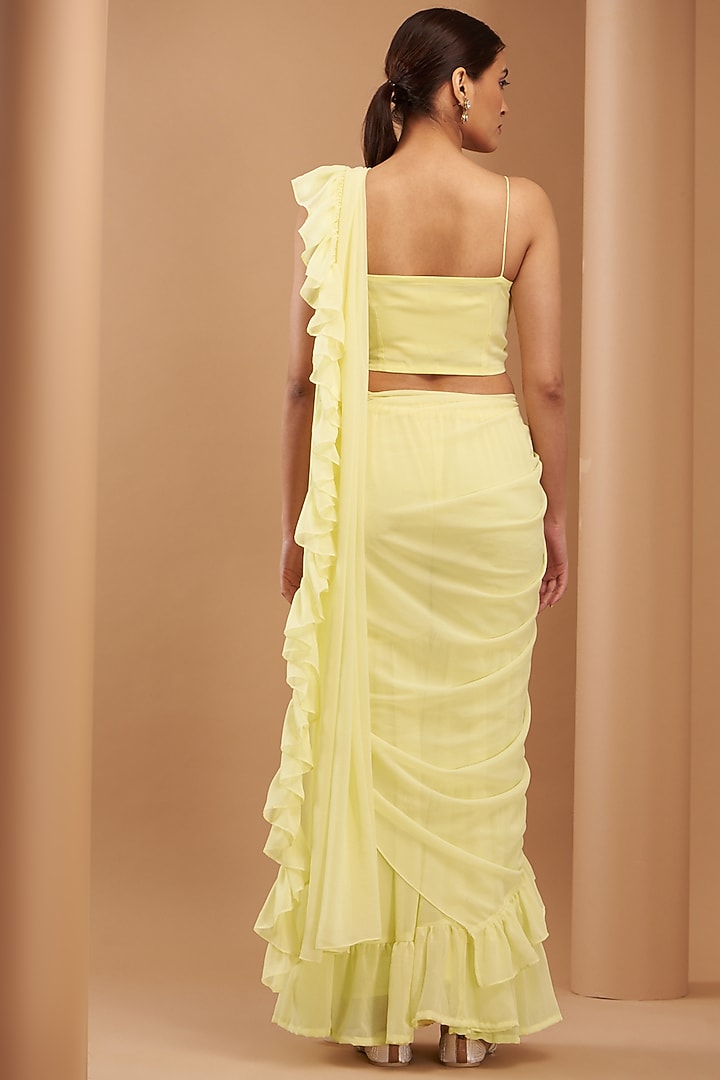 Lemon Yellow Georgette Draped Sharara Saree Set by House Of Jamoti at Pernia's Pop Up Shop