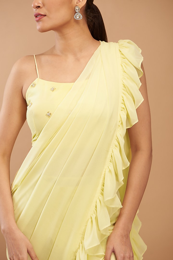 Lemon Yellow Georgette Draped Sharara Saree Set by House Of Jamoti at Pernia's Pop Up Shop