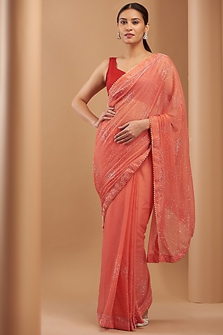 Pink & Deep Orange Ombre Textured Chiffon Saree Design by Medha at Pernia's  Pop Up Shop 2024