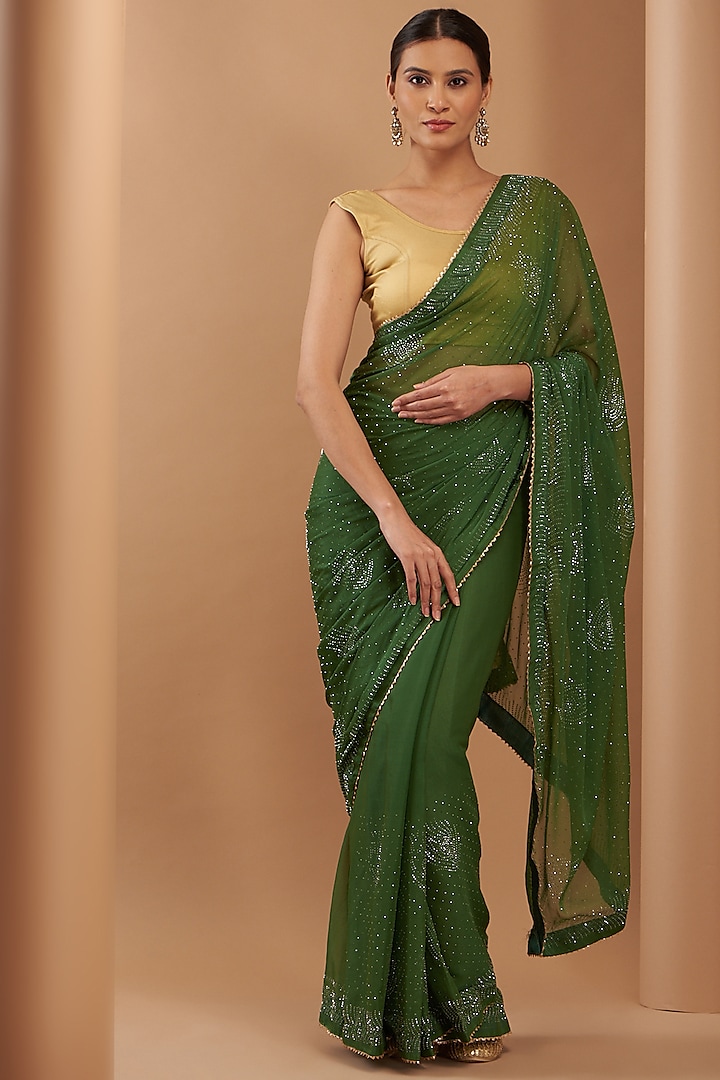 Green Chiffon Embroidered Saree by House Of Jamoti