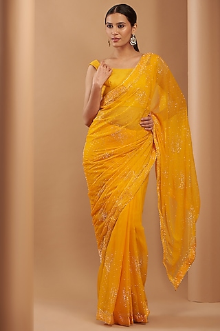 Yellow Chiffon Embroidered Saree by House Of Jamoti