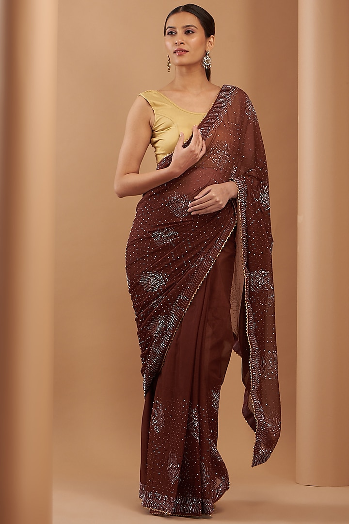 Magnum Brown Chiffon Embroidered Saree by House Of Jamoti