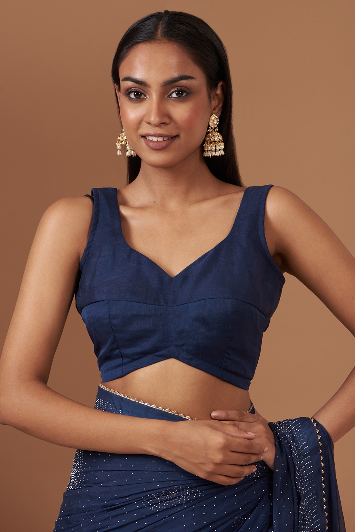 Trendy Navy-Blue Designer Indian Ruched V-Neck Sari Saree Blouse Choli at  Amazon Women's Clothing store