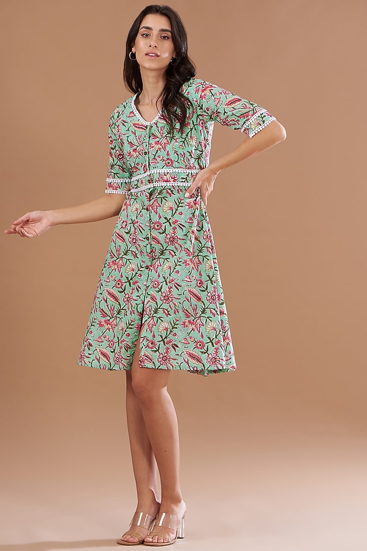 Green Cotton Floral Printed Summer Dress by House Of Jamoti at Pernia's Pop Up Shop