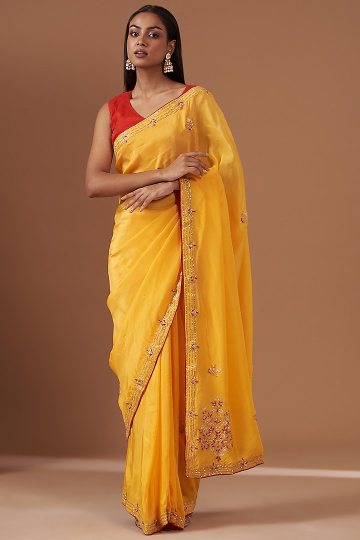 Mustard Yellow Upada Silk Hand Work Party Wear Saree by House Of Jamoti at Pernia's Pop Up Shop