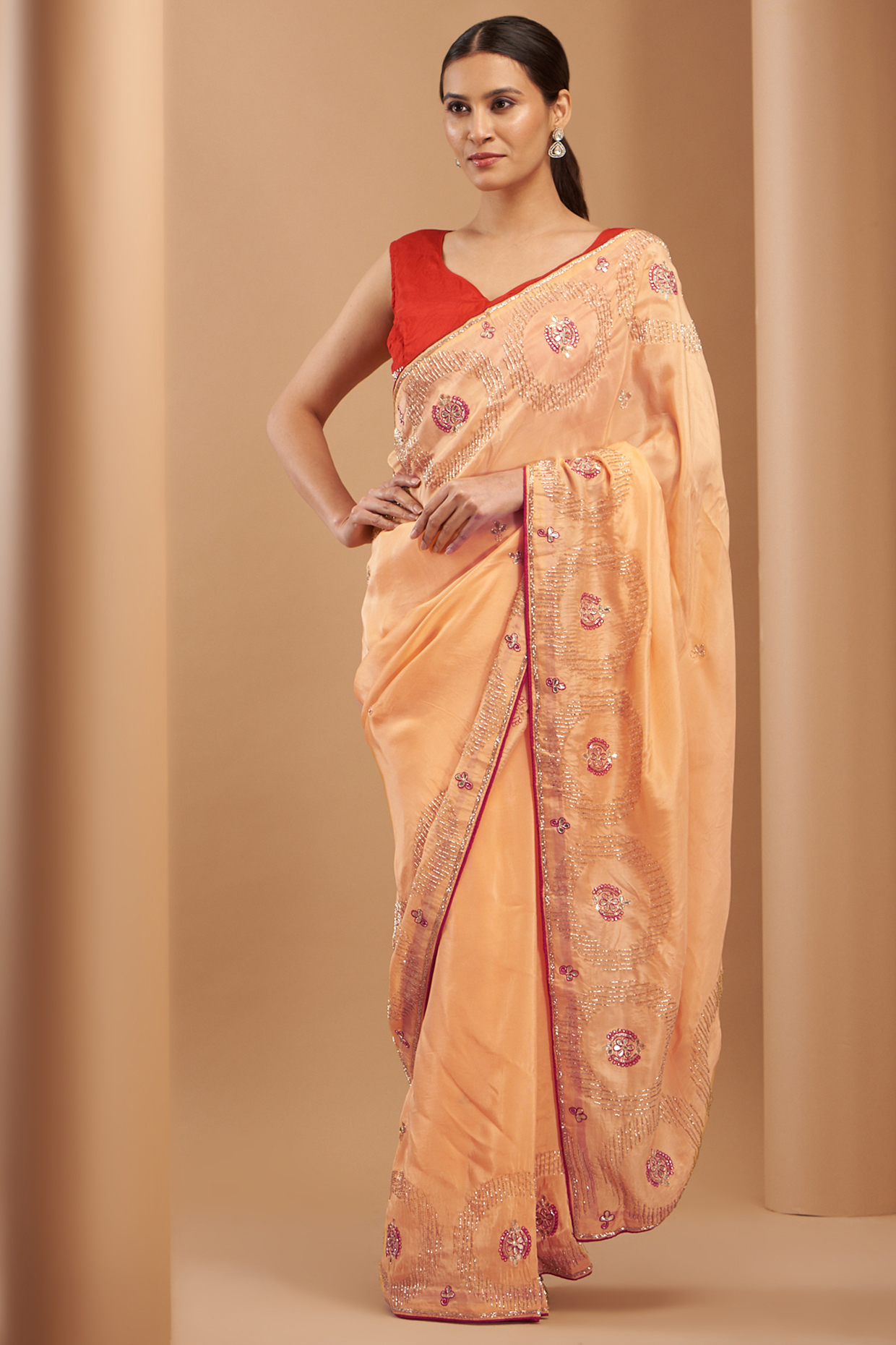 Pastel Peach Linen Saree with Hardwork  Products