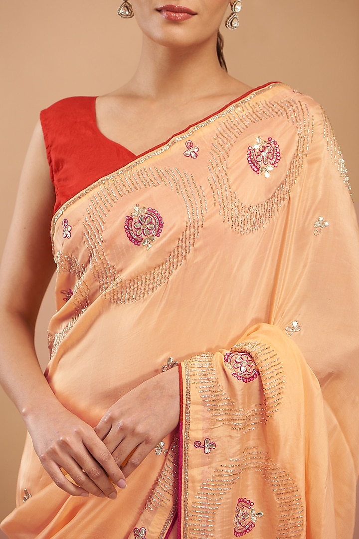 Pastel Peach Upada Silk Embroidered Party Wear Saree by House Of Jamoti at Pernia's Pop Up Shop