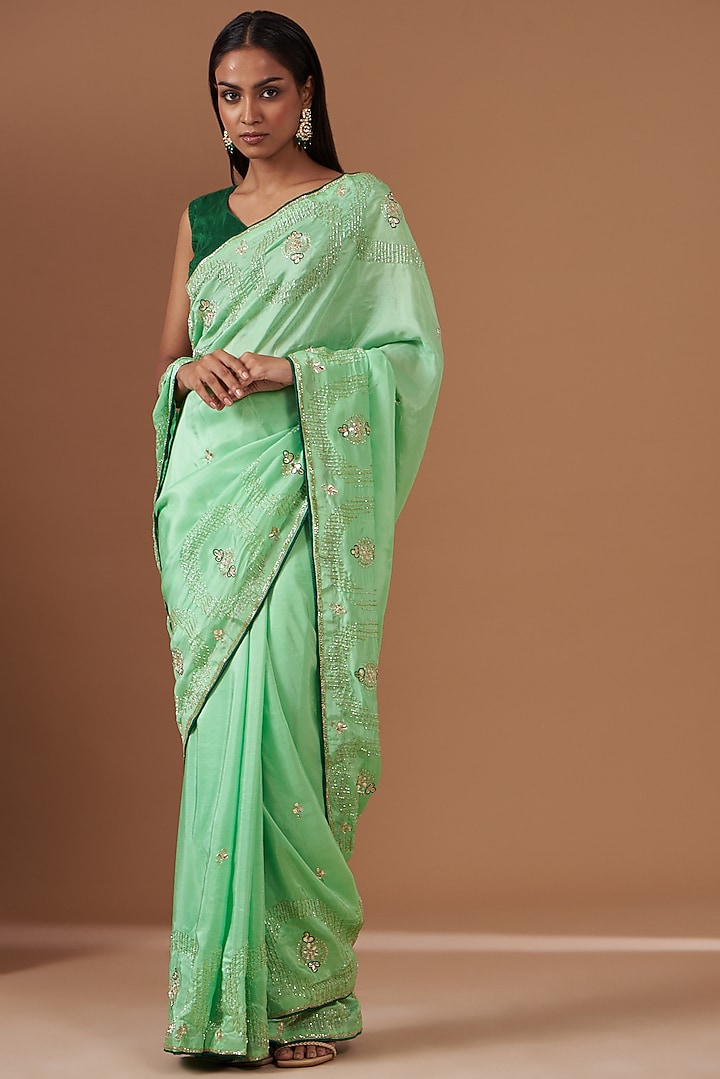 Green Upada Silk Hand Work Party Wear Saree by House Of Jamoti at Pernia's Pop Up Shop