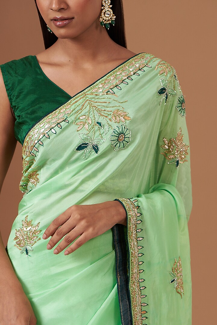 Green Upada Silk Gota Work Party Wear Saree by House Of Jamoti at Pernia's Pop Up Shop