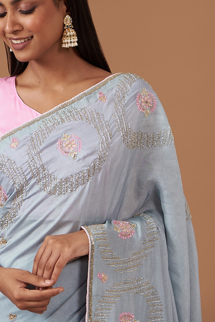 Grey Upada Silk Hand Work Party Wear Saree by House Of Jamoti at Pernia's Pop Up Shop