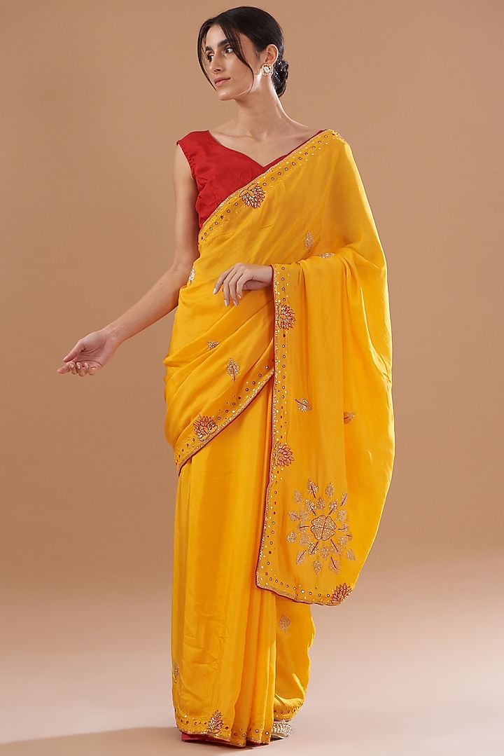 Mustard Upada Silk Hand Work Party Wear Saree by House Of Jamoti at Pernia's Pop Up Shop