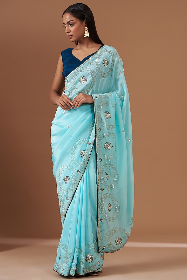 Sky Blue Upada Silk Hand Work Party Wear Saree by House Of Jamoti at Pernia's Pop Up Shop