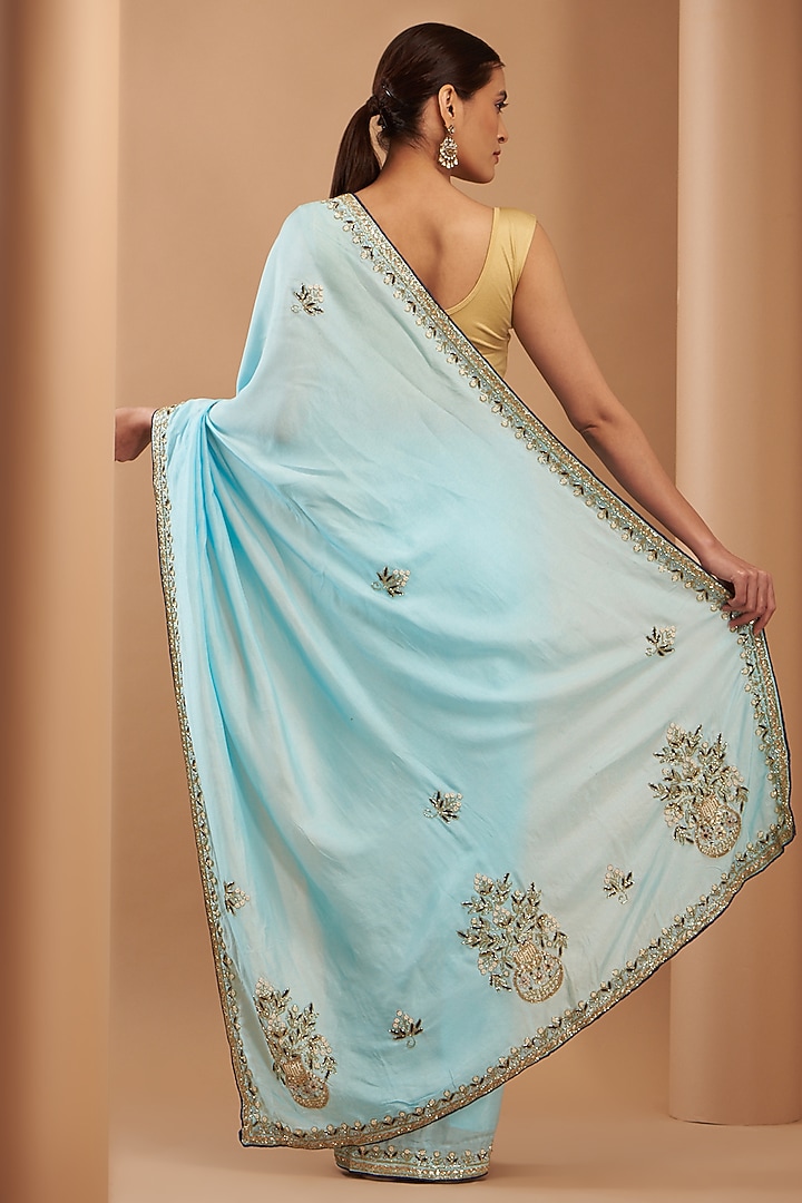 Sky Blue Upada Silk Embroidered Party Wear Saree by House Of Jamoti at Pernia's Pop Up Shop