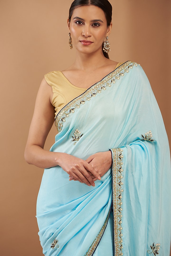 Sky Blue Upada Silk Embroidered Party Wear Saree by House Of Jamoti at Pernia's Pop Up Shop