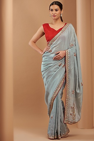 Metal Grey Upada Silk Embroidered Saree by House Of Jamoti