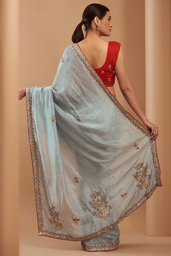 Metal Grey Upada Silk Embroidered Party Wear Saree by House Of Jamoti at Pernia's Pop Up Shop