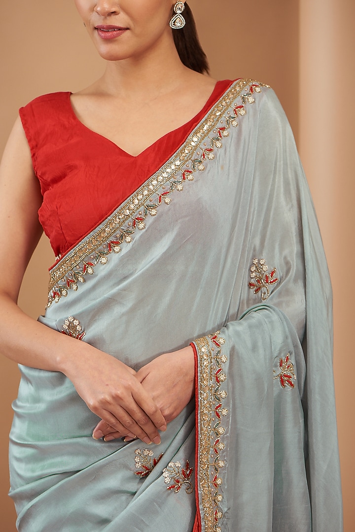Metal Grey Upada Silk Embroidered Party Wear Saree by House Of Jamoti at Pernia's Pop Up Shop