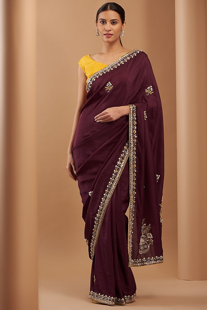 Dark Maroon Upada Silk Embroidered Saree by House Of Jamoti at Pernia's Pop Up Shop