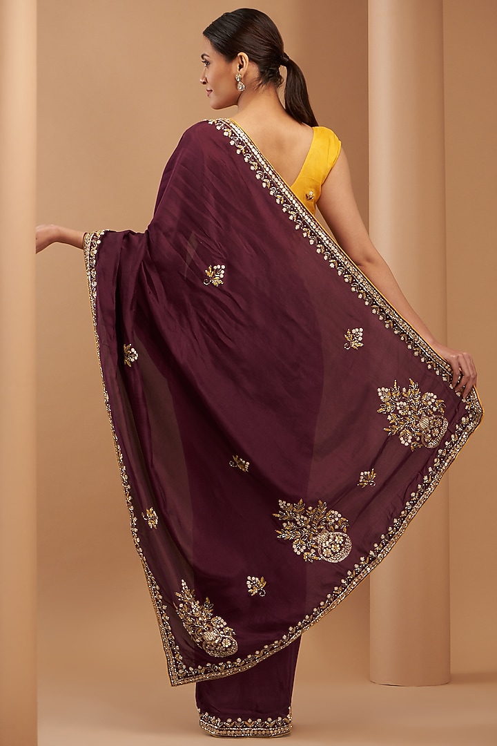 Dark Maroon Upada Silk Embroidered Party Wear Saree by House Of Jamoti at Pernia's Pop Up Shop