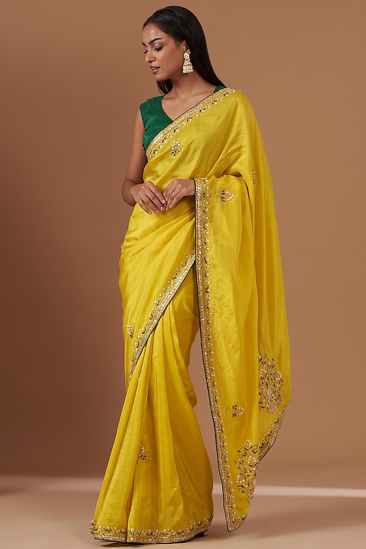 Yellow Upada Silk Embroidered Saree by House Of Jamoti