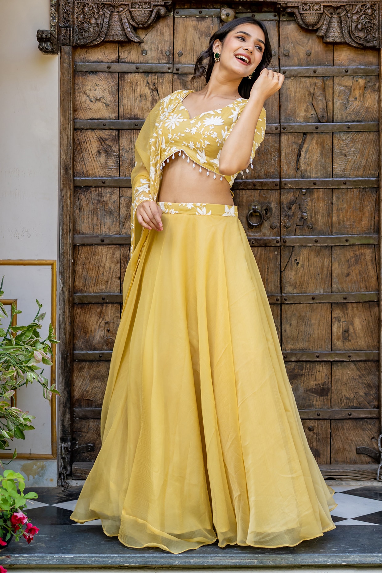 House Of Jamoti Yellow Chiffon Lehenga Set