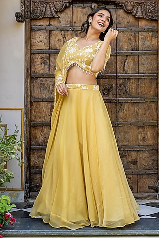 Yellow Chiffon Lehenga Set by House Of Jamoti