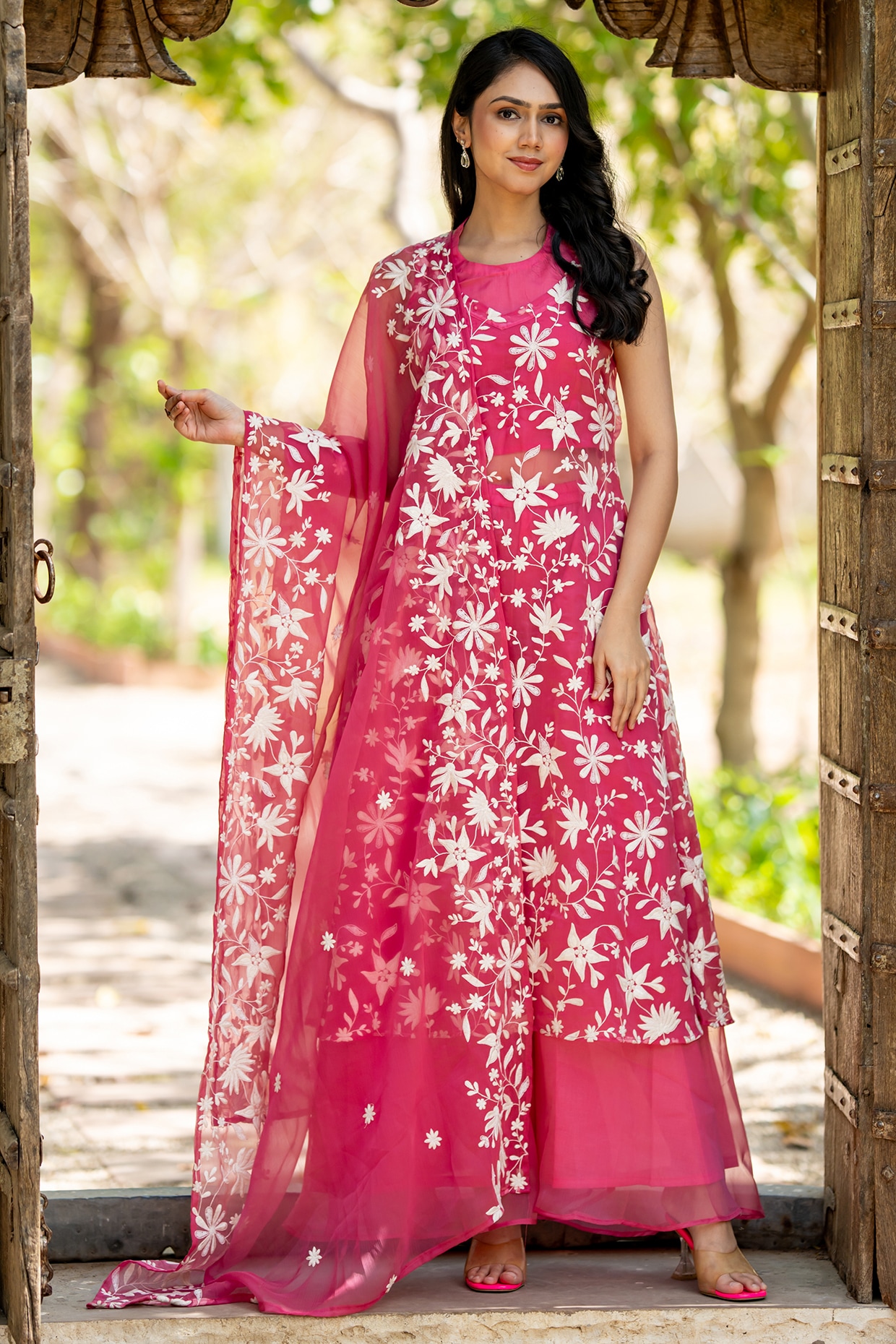 House Of Jamoti Pink Chiffon Floral Embroidered Halter Kurta Set