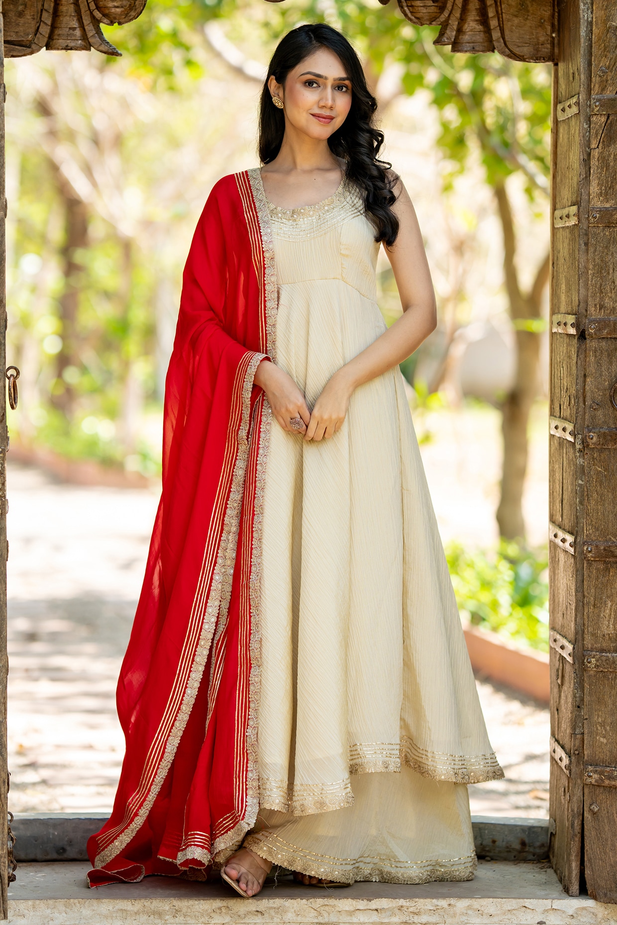 House Of Jamoti Beige Tissue Embroidered Anarkali Set