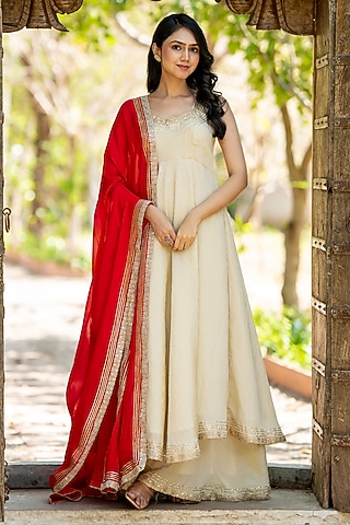 Beige Tissue Embroidered Anarkali Set by House Of Jamoti