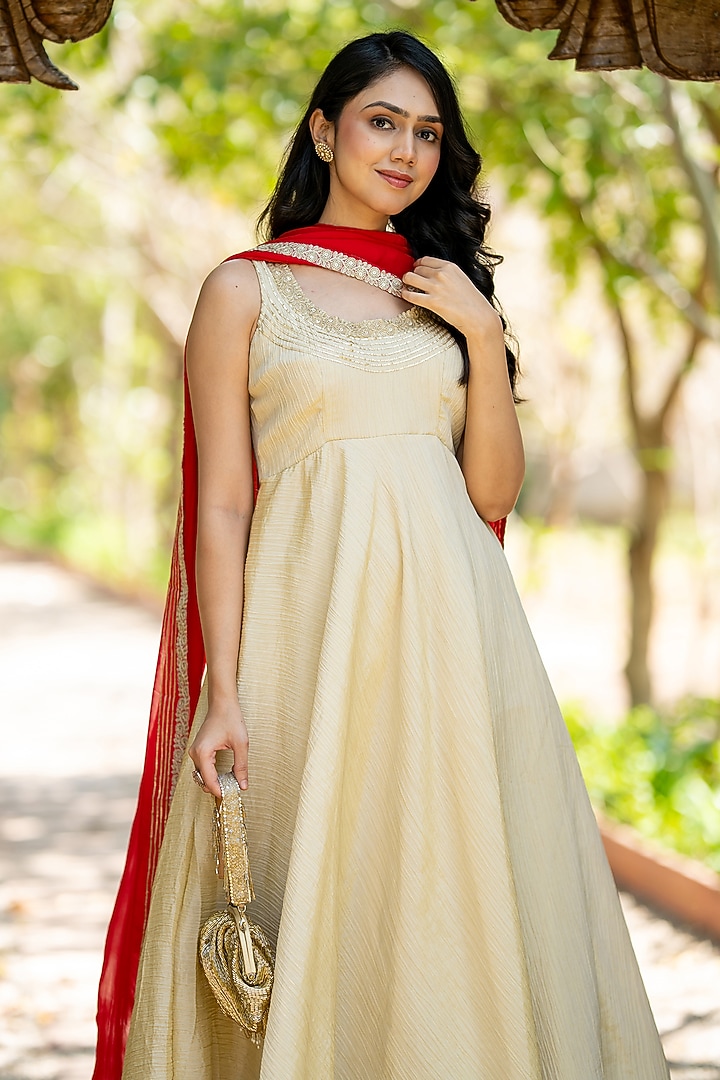 Beige Tissue Embroidered Anarkali Set by House Of Jamoti at Pernia's Pop Up Shop