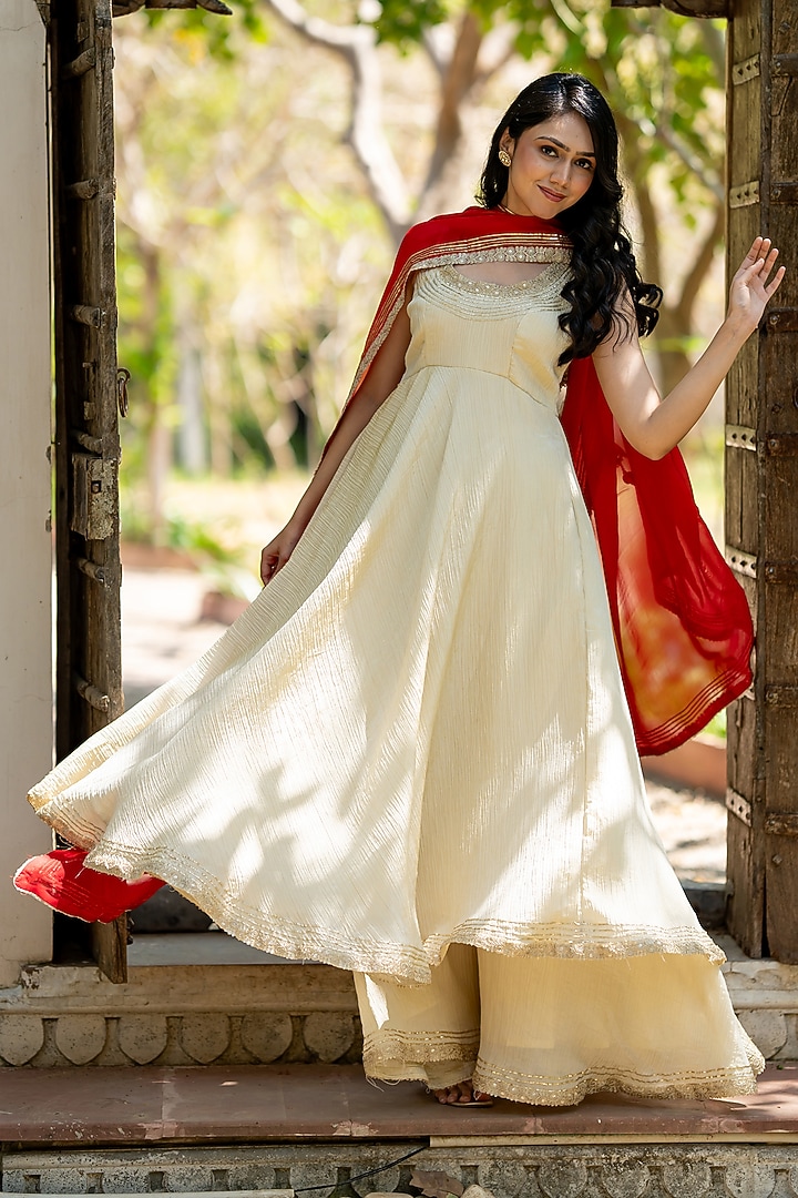 Beige Tissue Embroidered Anarkali Set by House Of Jamoti at Pernia's Pop Up Shop