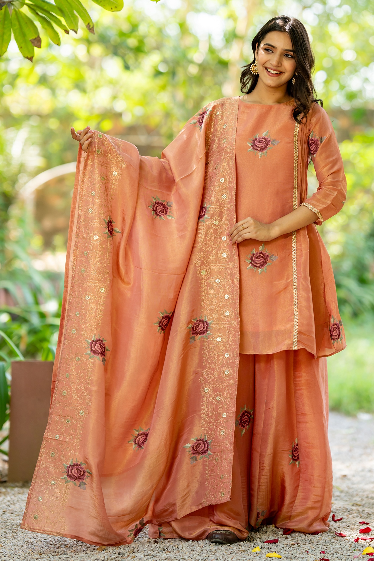 House Of Jamoti Peach Tissue Floral Machine Embroidered Kurta Set