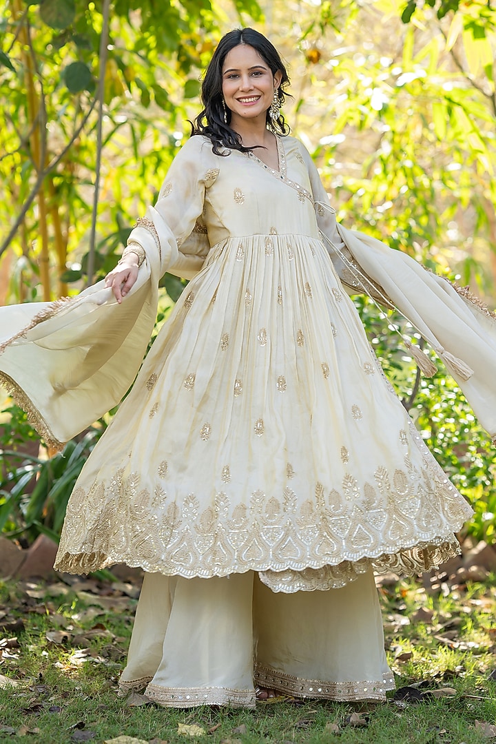 Ivory Tissue Mirror Embroidered Angrakha Set by House Of Jamoti at Pernia's Pop Up Shop