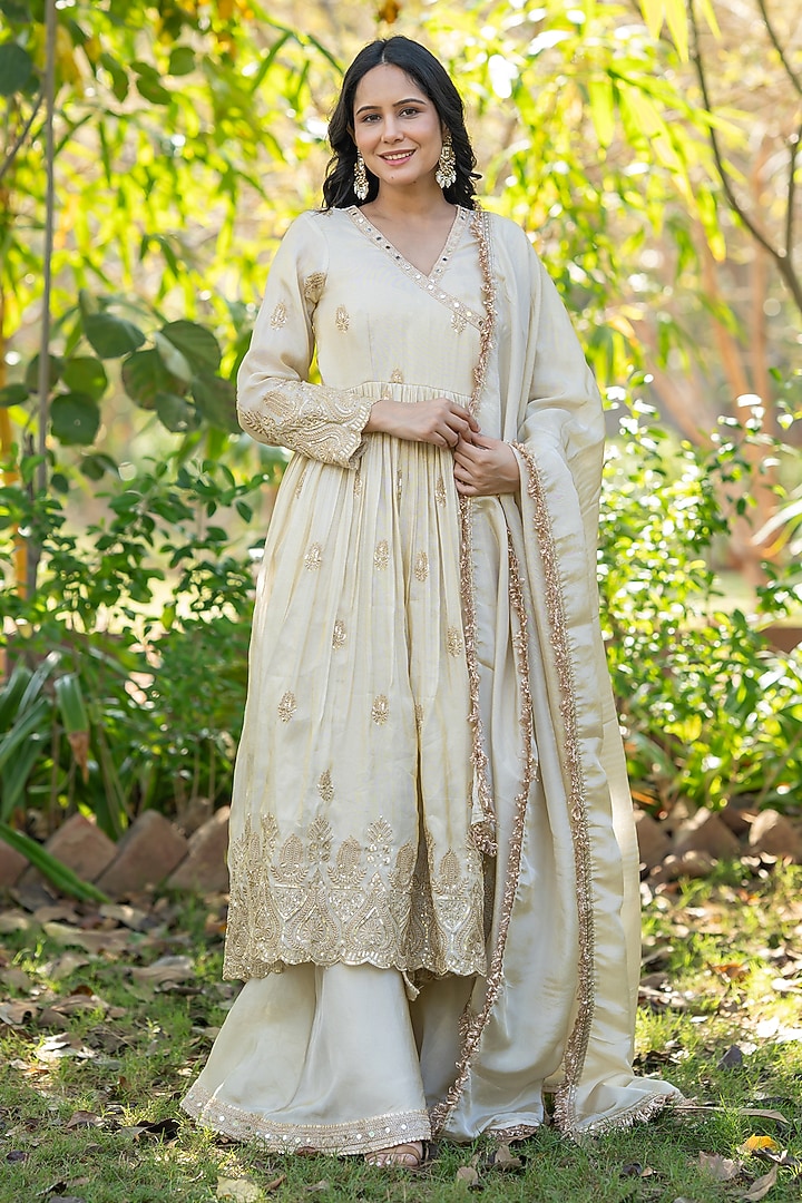 Ivory Tissue Mirror Embroidered Angrakha Set by House Of Jamoti at Pernia's Pop Up Shop