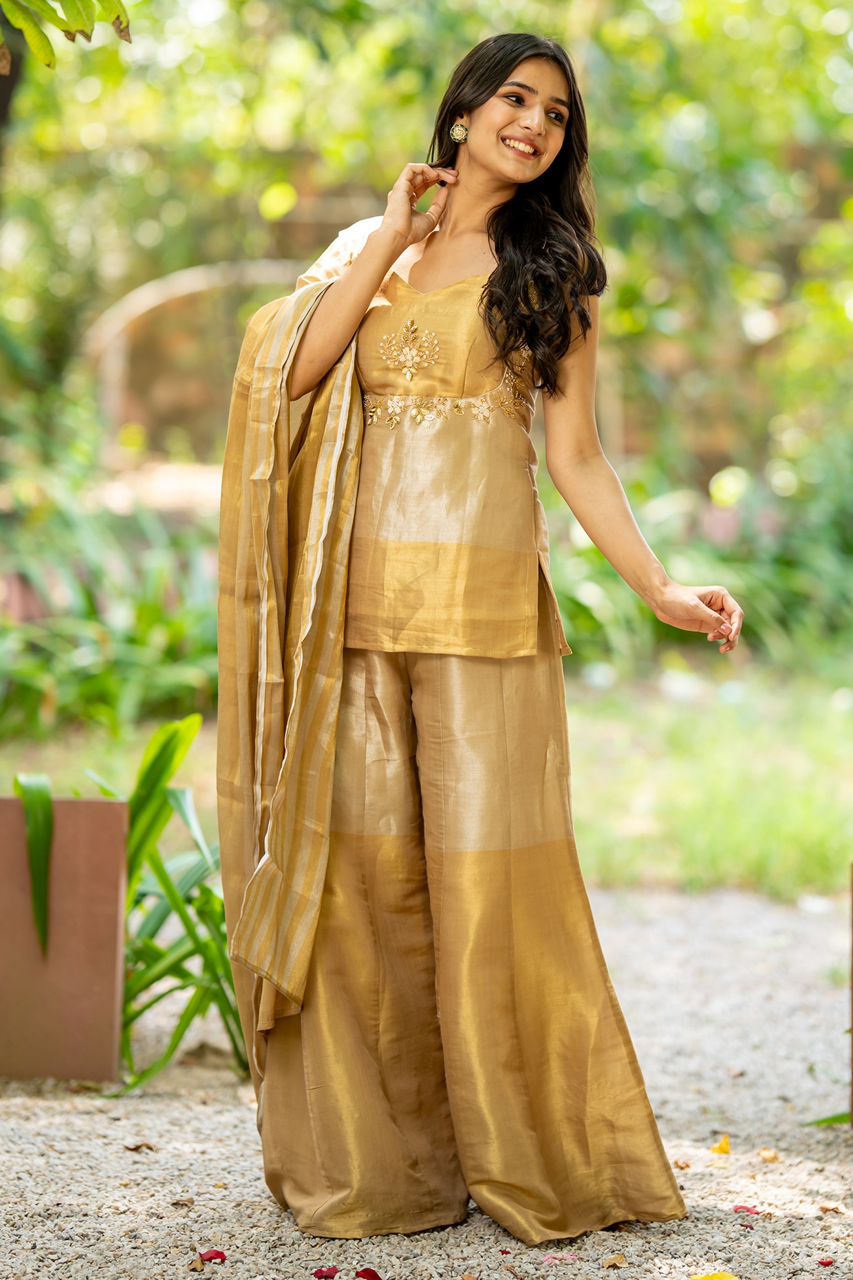House Of Jamoti Golden Tissue Sharara Set