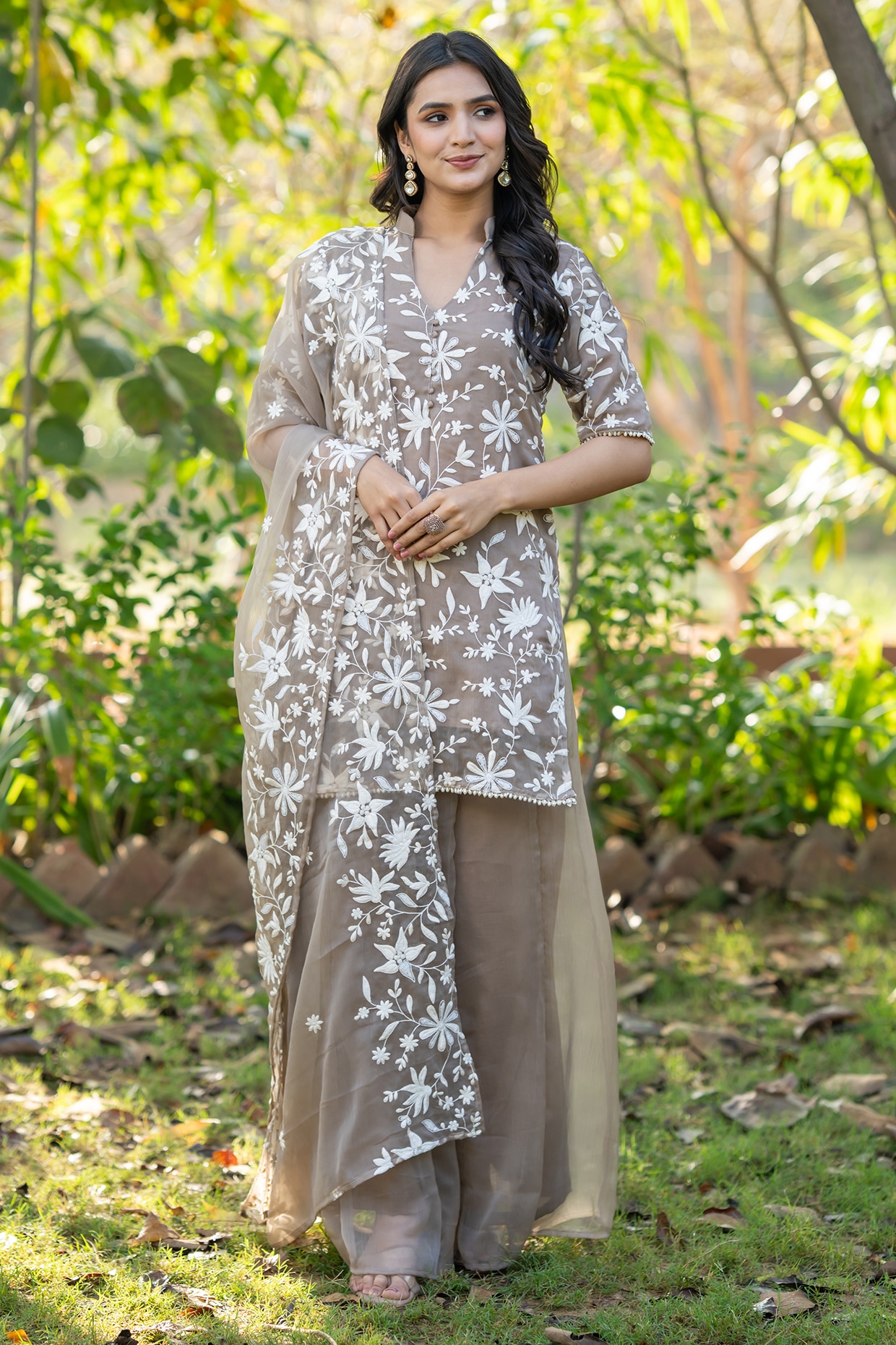 House Of Jamoti Beige Chiffon Embroidered V-Neck Kurta Set