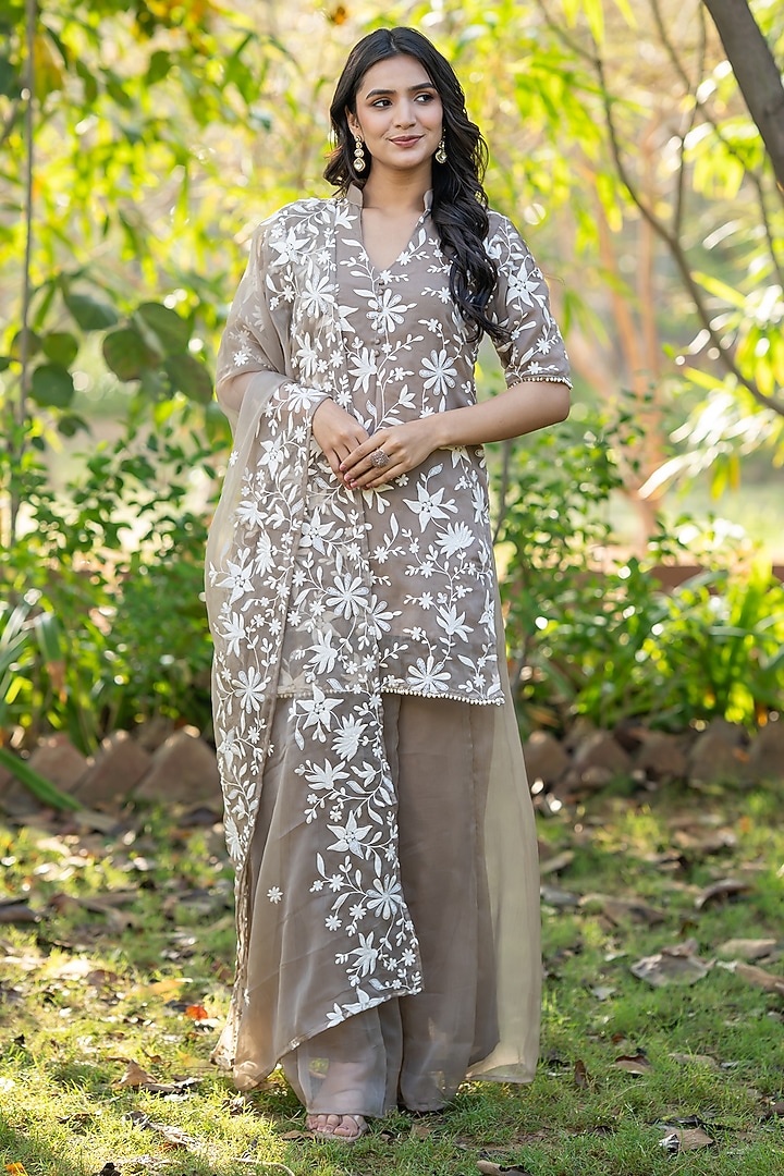 Beige Chiffon Embroidered V-Neck Kurta Set by House Of Jamoti at Pernia's Pop Up Shop