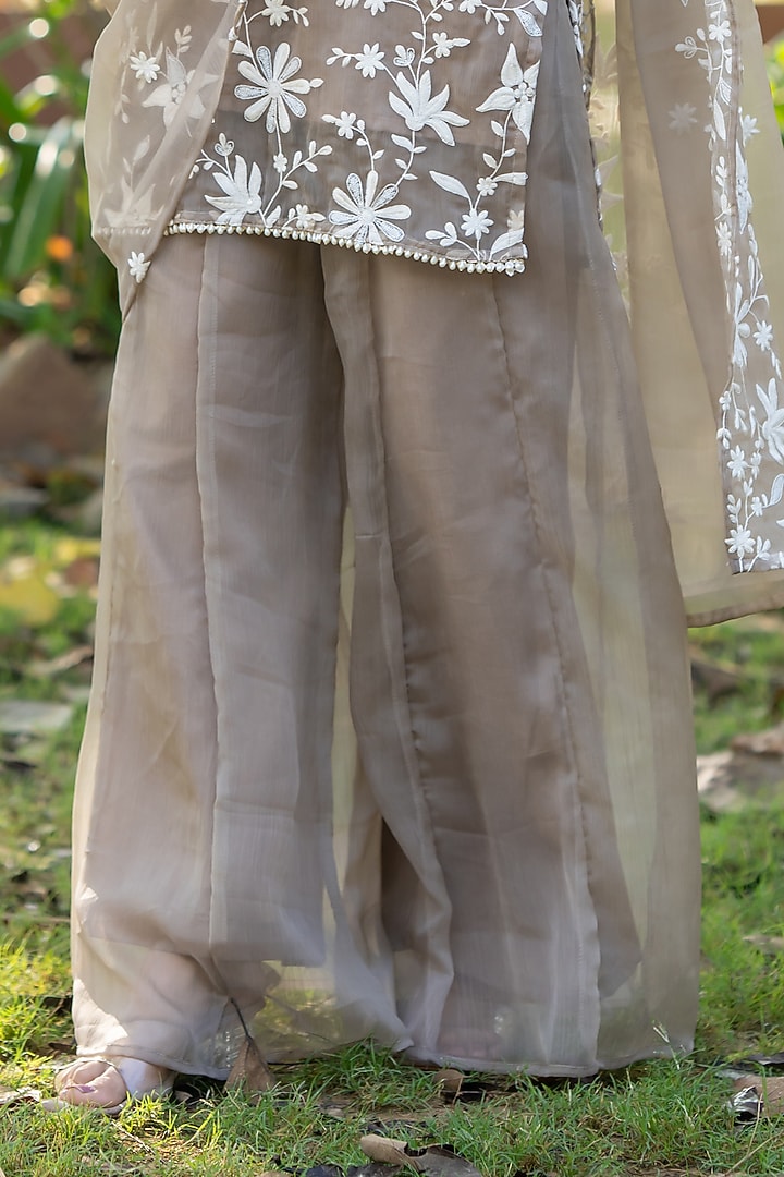 Beige Chiffon Embroidered V-Neck Kurta Set by House Of Jamoti at Pernia's Pop Up Shop