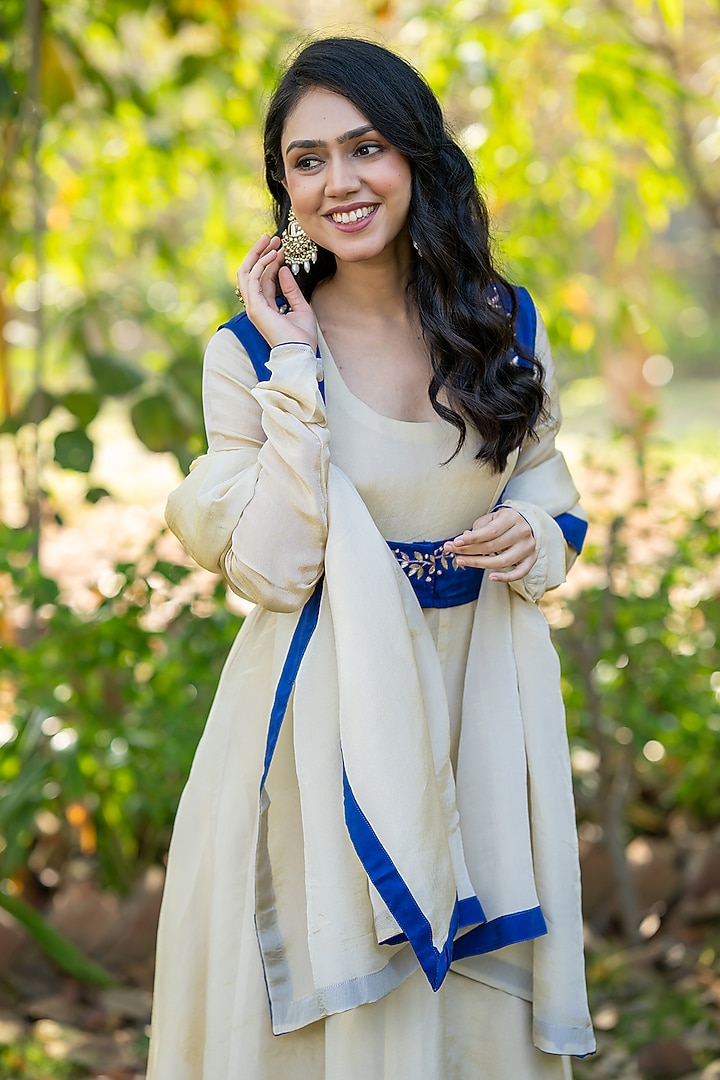 Ivory & Royal Blue Tissue Anarkali Set by House Of Jamoti at Pernia's Pop Up Shop