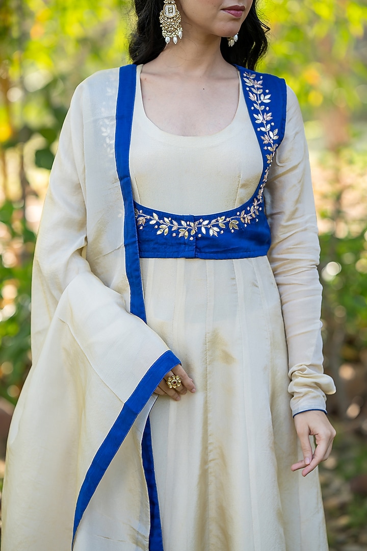 Ivory & Royal Blue Tissue Anarkali Set by House Of Jamoti at Pernia's Pop Up Shop