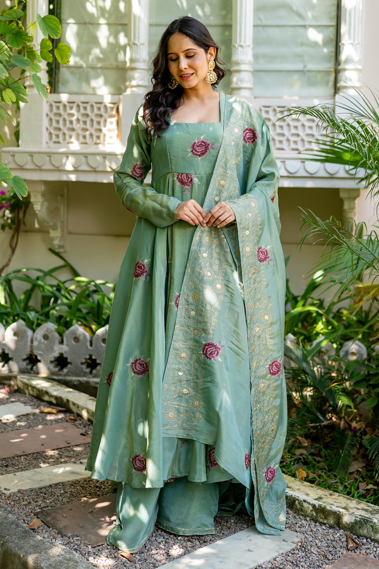 House Of Jamoti Sage Green Tissue Floral Embroidered Anarkali Set