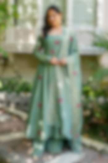 Sage Green Tissue Floral Embroidered Anarkali Set by House Of Jamoti at Pernia's Pop Up Shop
