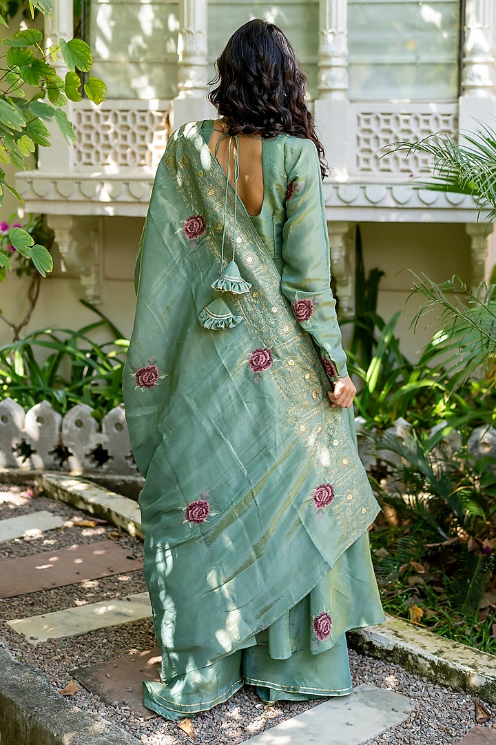 Sage Green Tissue Floral Embroidered Anarkali Set by House Of Jamoti at Pernia's Pop Up Shop