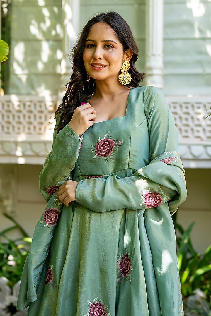 Sage Green Tissue Floral Embroidered Anarkali Set by House Of Jamoti at Pernia's Pop Up Shop