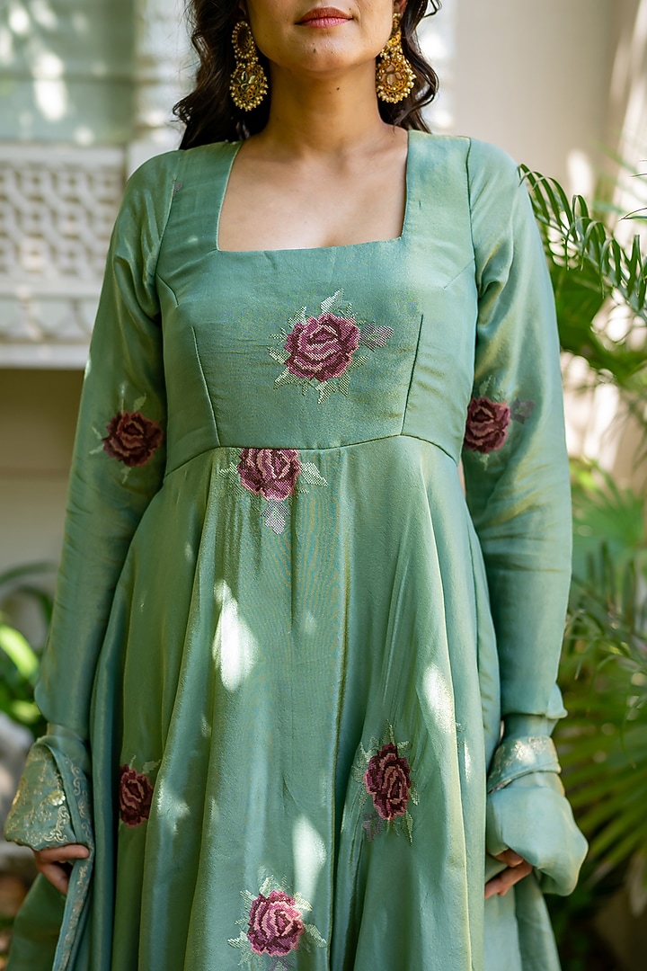 Sage Green Tissue Floral Embroidered Anarkali Set by House Of Jamoti at Pernia's Pop Up Shop