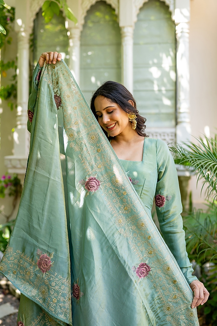 Sage Green Tissue Floral Embroidered Anarkali Set by House Of Jamoti at Pernia's Pop Up Shop