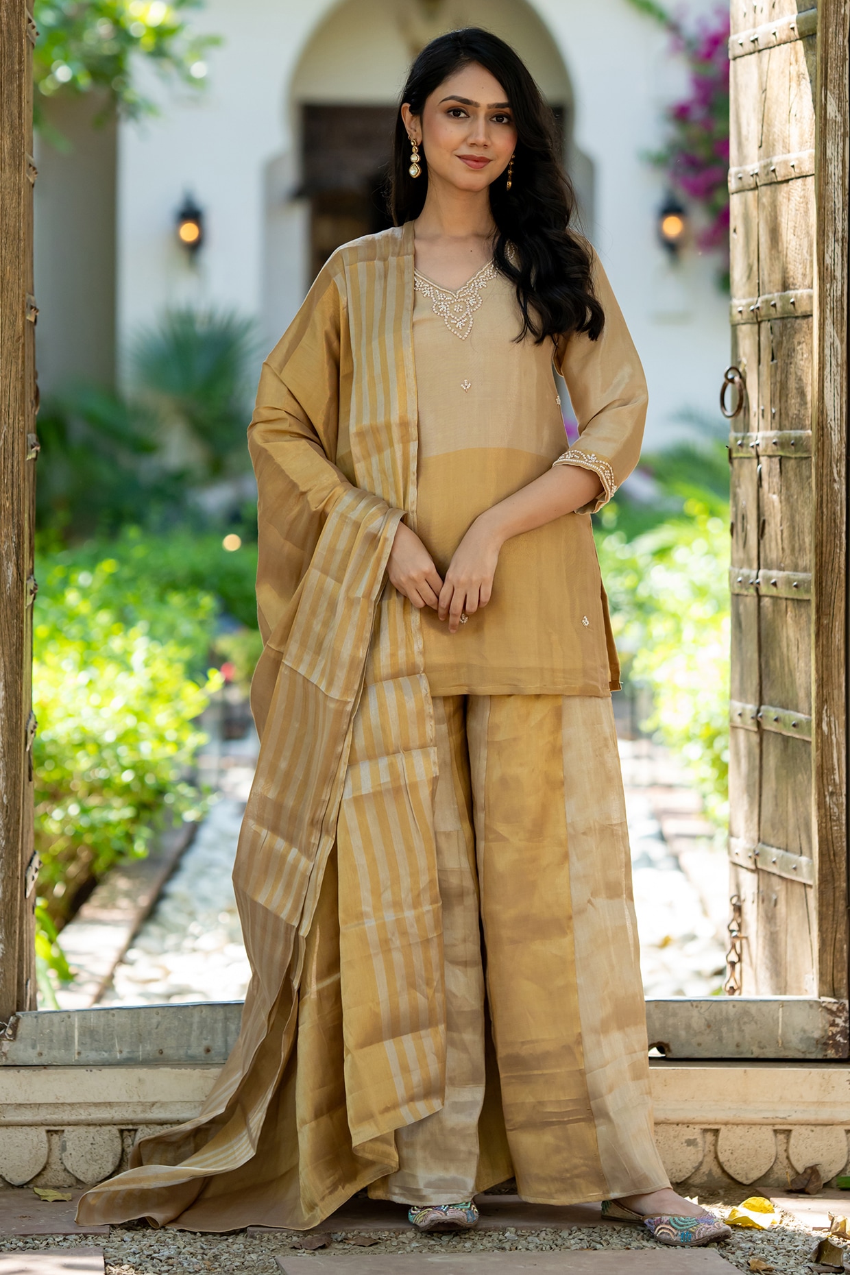 House Of Jamoti Golden Tissue Flowy Sharara Set