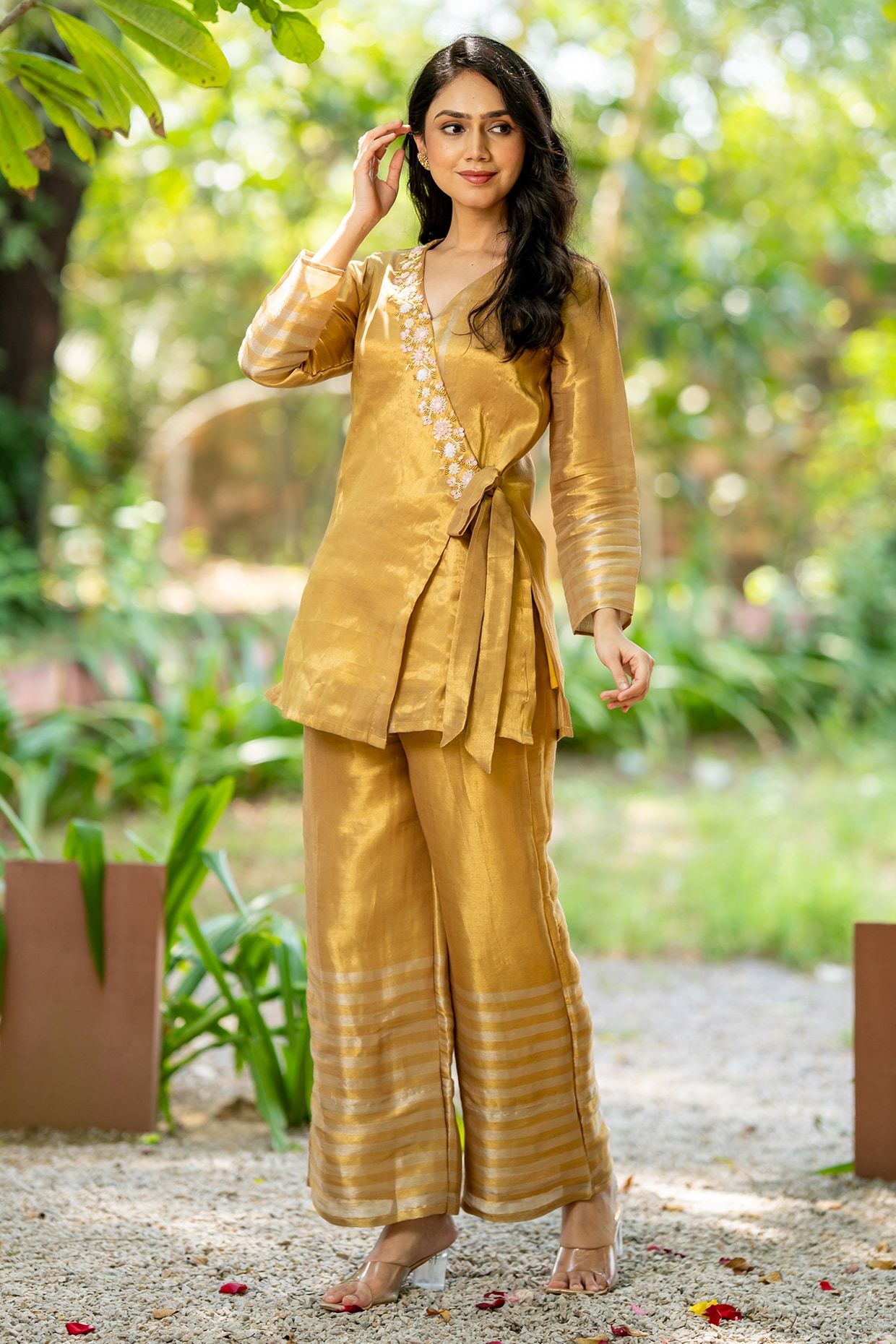 House Of Jamoti Golden Tissue Hand Embroidered Co-Ord Set