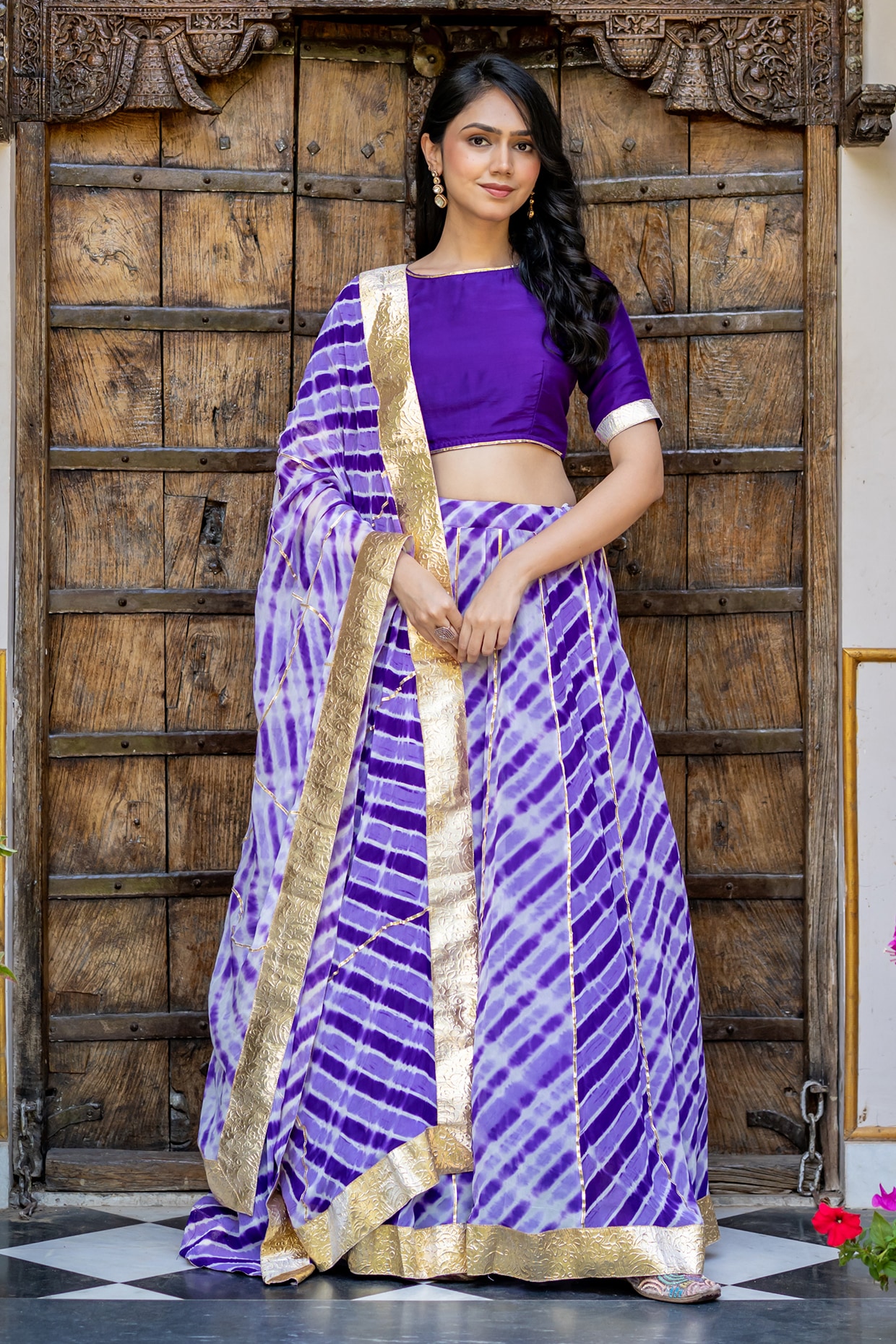 House Of Jamoti Purple Viscose Georgette Leheriya Printed Lehenga Set